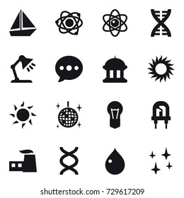 16 vector icon set : boat, atom, dna, table lamp, ballon, goverment house, sun, disco ball, drop, shining