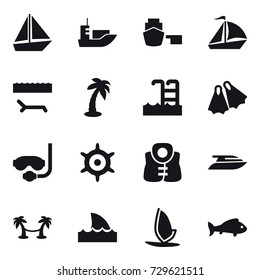 16 vector icon set : boat, sail boat, lounger, palm, pool, flippers, diving mask, handwheel, life vest, yacht, palm hammock, shark flipper, windsurfing, fish
