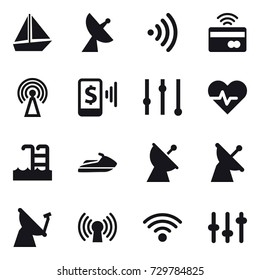 16 vector icon set : boat, satellite antenna, wireless, tap to pay, antenna, mobile pay, equalizer, pool, jet ski