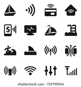 16 vector icon set : boat, wireless, tap to pay, wireless home, mobile pay, sail boat, pool, surfer, shark flipper