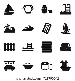 16 vector icon set : boat, hex molecule, pool, surfer, jet ski, inflatable mattress, windsurfing, radiator, towels, car wash, foam basin, toilet paper, handle washing