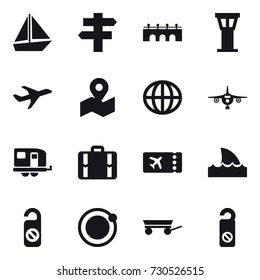 16 vector icon set : boat, singlepost, bridge, airport tower, globe, plane, trailer, suitcase, ticket, shark flipper, do not distrub