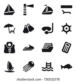16 vector icon set : boat, lighthouse, sail boat, lounger, flippers, diving mask, handwheel, life vest, jet ski, cruise ship, inflatable mattress, windsurfing, jellyfish, pool, fish