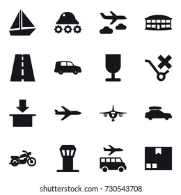 16 vector icon set : boat, lunar rover, journey, airport building, plane, car baggage, motorcycle, airport tower, transfer, package