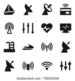 16 vector icon set : boat, satellite antenna, tap to pay, antenna, equalizer, pool, jet ski, wireless