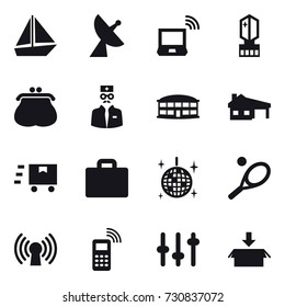 16 vector icon set : boat, satellite antenna, notebook wireless, crystall  memory, purse, airport building, house with garage, suitcase iocn, disco ball, tennis, package