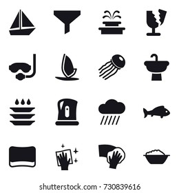 16 vector icon set : boat, funnel, fountain, diving mask, windsurfing, jellyfish, plate washing, kettle, rain cloud, fish, sponge, wiping, foam basin