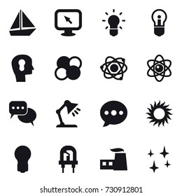 16 vector icon set : boat, monitor arrow, bulb, bulb head, atom core, atom, discussion, table lamp, ballon, sun, shining