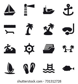 16 vector icon set : boat, lighthouse, lounger, palm, island, diving mask, surfer, handwheel, cruise ship, palm hammock, windsurfing, flip-flops, pool