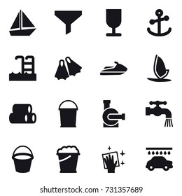 16 vector icon set : boat, funnel, pool, flippers, jet ski, windsurfing, bucket, water pump, water tap, foam bucket, wiping, car wash