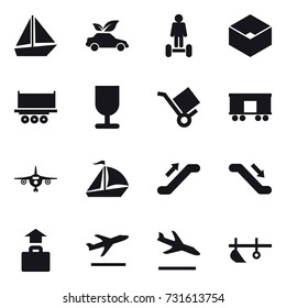 16 vector icon set : boat, eco car, hoverboard, box, plane, sail boat, escalator, baggage, departure, arrival, plow