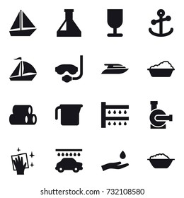 16 vector icon set : boat, sail boat, diving mask, yacht, washing, measuring cup, watering, water pump, wiping, car wash, hand and drop, foam basin