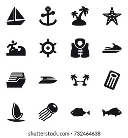 16 vector icon set : boat, island, starfish, surfer, handwheel, life vest, jet ski, cruise ship, yacht, palm hammock, inflatable mattress, windsurfing, jellyfish, fish