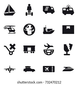 16 vector icon set : boat, hoverboard, delivery, plane, car baggage, ticket, yacht
