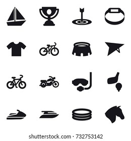 16 vector icon set : boat, trophy, target, smart bracelet, t-shirt, bike, stadium, deltaplane, motorcycle, diving mask, golf, jet ski, yacht, inflatable pool, horse