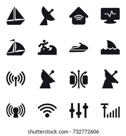 16 vector icon set : boat, satellite antenna, wireless home, sail boat, surfer, jet ski, shark flipper, wireless