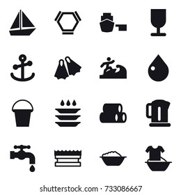 16 vector icon set : boat, hex molecule, flippers, surfer, drop, bucket, plate washing, kettle, water tap, sponge, foam basin, handle washing