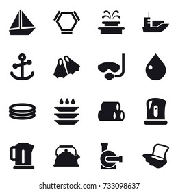 16 vector icon set : boat, hex molecule, fountain, flippers, diving mask, drop, inflatable pool, plate washing, kettle, water pump, floor washing
