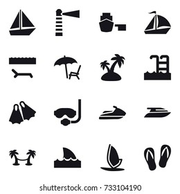 16 vector icon set : boat, lighthouse, sail boat, lounger, island, pool, flippers, diving mask, jet ski, yacht, palm hammock, shark flipper, windsurfing, flip-flops
