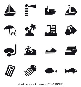 16 vector icon set : boat, lighthouse, sail boat, lounger, island, pool, flippers, diving mask, surfer, jet ski, cruise ship, inflatable mattress, jellyfish, fish