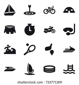 16 vector icon set : boat, target, bike, dome house, stadium, motorcycle, diving mask, surfer, tennis, golf, jet ski, yacht, windsurfing, inflatable pool, pool