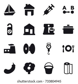 16 vector icon set : boat, home, do not distrub, coffee maker, pan, handle scales, eggplant, garden, bucket, paper towel