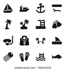 16 vector icon set : boat, lounger, palm, island, pool, flippers, diving mask, life vest, palm hammock, shark flipper, jellyfish, flip-flops, fish