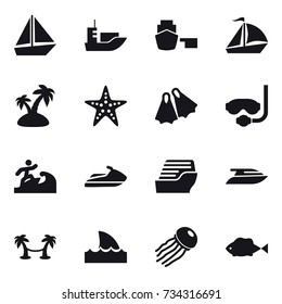 16 vector icon set : boat, sail boat, island, starfish, flippers, diving mask, surfer, jet ski, cruise ship, yacht, palm hammock, shark flipper, jellyfish