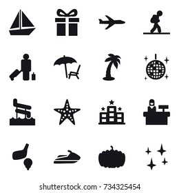 16 vector icon set : boat, gift, plane, tourist, passenger, lounger, palm, disco ball, aquapark, starfish, hotel, reception, golf, jet ski, pumpkin, shining