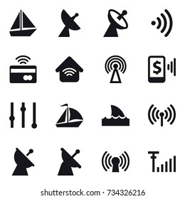 16 vector icon set : boat, satellite antenna, wireless, tap to pay, wireless home, antenna, mobile pay, equalizer, sail boat, shark flipper