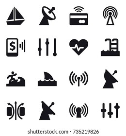 16 vector icon set : boat, satellite antenna, tap to pay, antenna, mobile pay, equalizer, pool, surfer, shark flipper, wireless