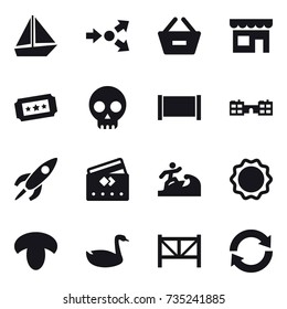 16 vector icon set : boat, core splitting, remove from basket, shop, ticket, fence, school, credit card, surfer, mushroom, goose, farm fence, reload