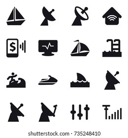 16 vector icon set : boat, satellite antenna, wireless home, mobile pay, sail boat, pool, surfer, jet ski, shark flipper