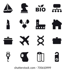 16 vector icon set : boat, chess horse, bio, structure, lipstick, mansion, home, pan, handle scales, jug, paper towel, do not distrub