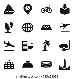 16 vector icon set : boat, dollar pin, bike, globe, taxi, departure, arrival, hotel, palm, diving mask, service bell, inflatable pool