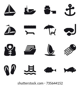 16 vector icon set : boat, sail boat, lounger, diving mask, life vest, cruise ship, windsurfing, jellyfish, flip-flops, pool, fish