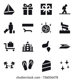 16 vector icon set : boat, gift, tourist, passenger, lounger, disco ball, aquapark, baggage trolley, hotel, golf, yacht, palm hammock, flip-flops, shining