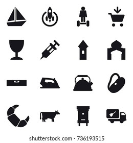 16 vector icon set : boat, rocket, hoverboard, add to cart, wineglass, tower, minaret, level, iron, kettle, cow, hive, home call cleaning