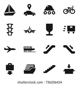 16 vector icon set : boat, car pointer, lunar rover, bike, plane, train, escalator, baggage get, cruise ship, stairs, package