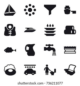 16 vector icon set : boat, round around, funnel, life vest, yacht, plate washing, jug, water tap, sponge, soap, car wash, toilet cleaning, floor washing