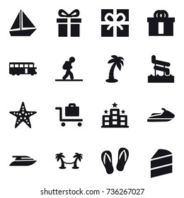 16 vector icon set : boat, gift, bus, tourist, palm, aquapark, starfish, baggage trolley, hotel, jet ski, yacht, palm hammock, flip-flops