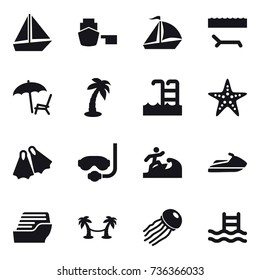 16 vector icon set : boat, sail boat, lounger, palm, pool, starfish, flippers, diving mask, surfer, jet ski, cruise ship, palm hammock, jellyfish