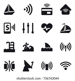 16 vector icon set : boat, wireless, tap to pay, wireless home, mobile pay, equalizer, sail boat, pool, surfer, shark flipper