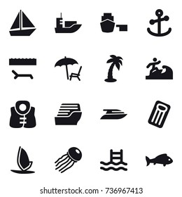 16 vector icon set : boat, lounger, palm, surfer, life vest, cruise ship, yacht, inflatable mattress, windsurfing, jellyfish, pool, fish
