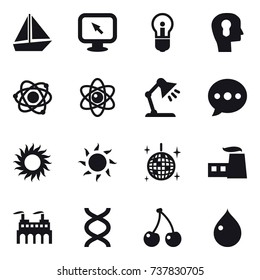 16 vector icon set : boat, monitor arrow, bulb, bulb head, atom, table lamp, ballon, sun, disco ball, cherry, drop