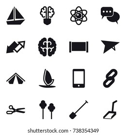 16 vector icon set : boat, bulb brain, atom, discussion, up down arrow, fence, deltaplane, tent, windsurfing, scissors, trees, shovel, scoop