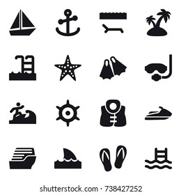 16 vector icon set : boat, lounger, island, pool, starfish, flippers, diving mask, surfer, handwheel, life vest, jet ski, cruise ship, shark flipper, flip-flops