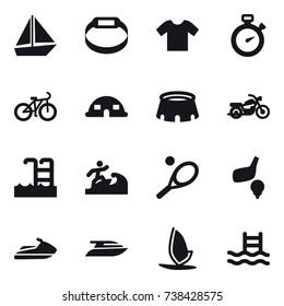 16 vector icon set : boat, smart bracelet, t-shirt, stopwatch, bike, dome house, stadium, motorcycle, pool, surfer, tennis, golf, jet ski, yacht, windsurfing