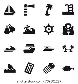 16 vector icon set : boat, lighthouse, palm, pool, flippers, surfer, handwheel, life vest, jet ski, cruise ship, yacht, palm hammock, shark flipper, inflatable mattress, jellyfish