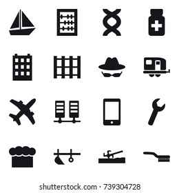 16 vector icon set : boat, abacus, building, trailer, chef  hat, plow, soil cutter, brush
